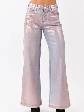 Saige Metallic Pink Wide Leg Jeans - Women's Flare Denim - Multiple Sizes Avail